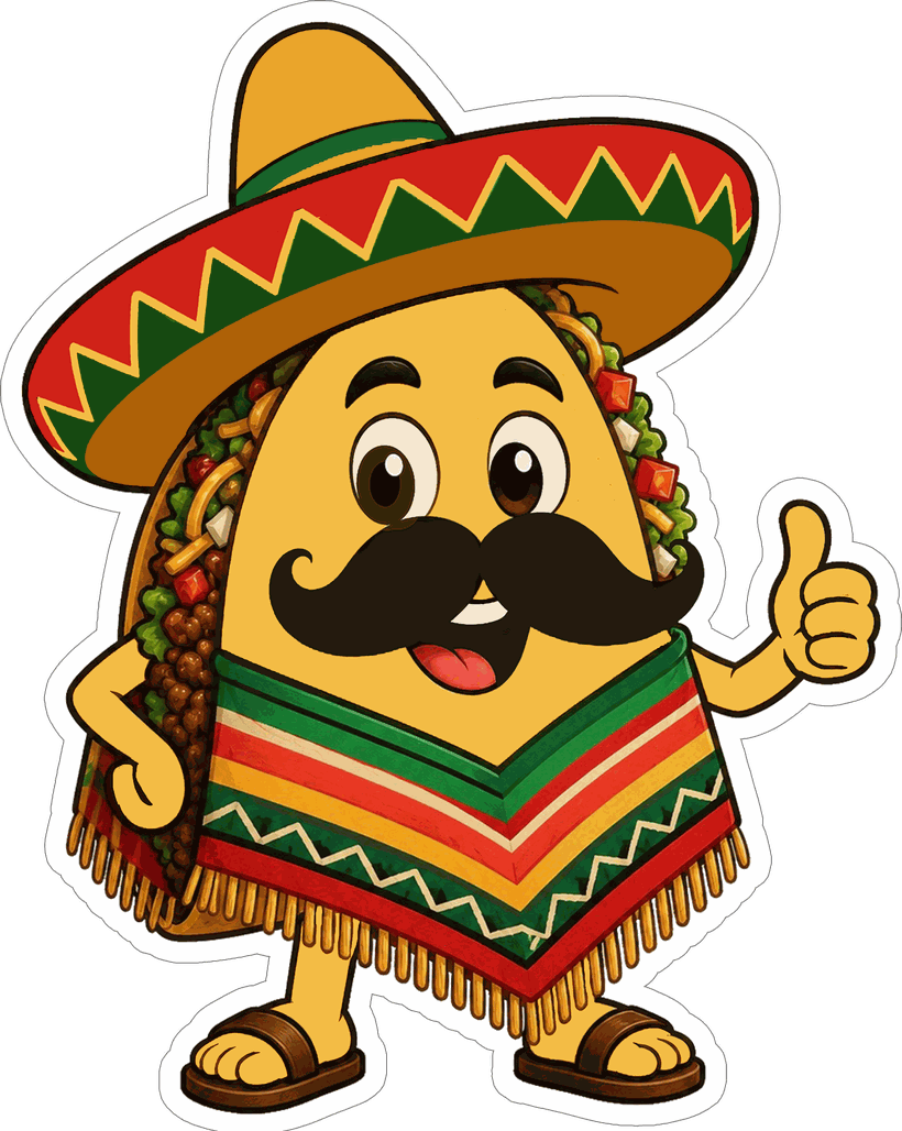 Señor Tacos — mascota taco con sombrero y bigote